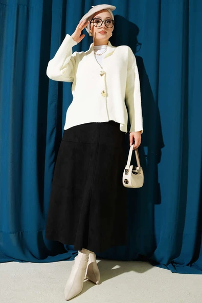 Çift Gold Düğmeli Kısa Triko Hırka Ekru - Resim 2