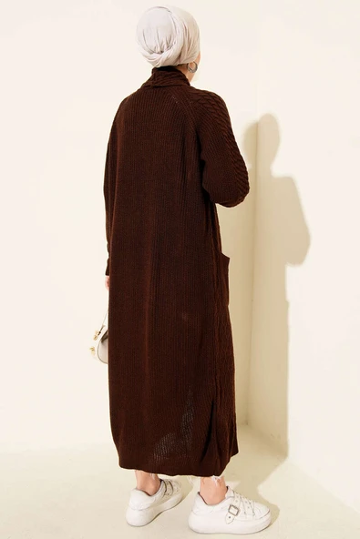 Şal Yaka Örgü Kabartmalı Triko Hırka Kahve - Resim 3