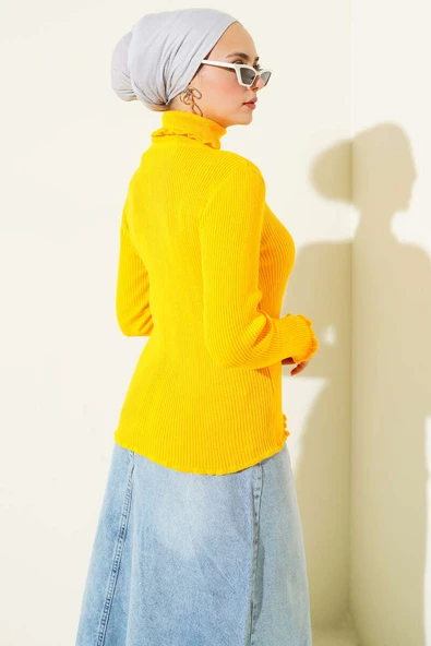 Balıkçı Yaka Fırfırlı Triko Kazak Sarı - Resim 3