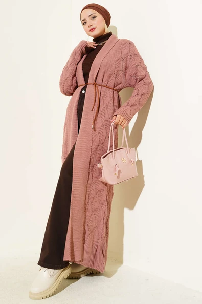 Şal Yaka Örgü Desenli Uzun Triko Hırka Gül Kurusu ürün görseli 1