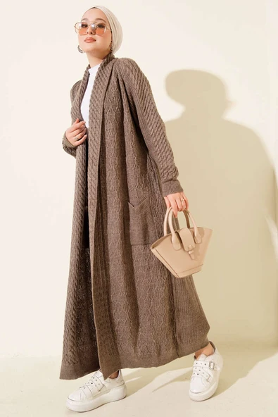 Şal Yaka Örgü Kabartmalı Triko Hırka Vizon ürün görseli 1