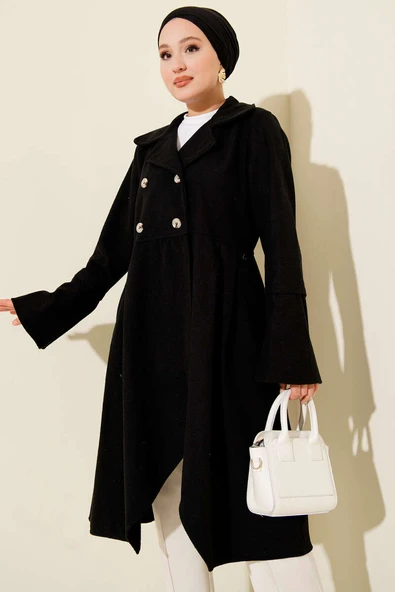 Kruvaze Yaka Asimetrik Kaşe Kaban Siyah ürün görseli 1