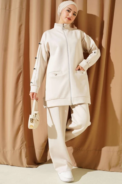 Metal Düğmeli Fermuarlı Scuba İkili Takım Bej ürün görseli 1