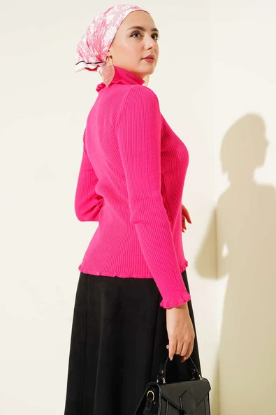 Balıkçı Yaka Fırfırlı Triko Kazak Pembe - Resim 3