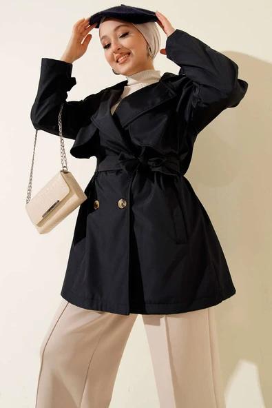 Pelerinli Dört Düğmeli Kısa Trençkot Lacivert ürün görseli 1