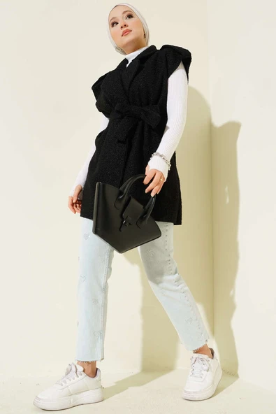 Kruvaze Yaka Kuşaklı Buklet Yelek Siyah - Resim 2