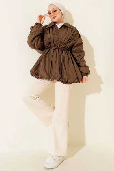 Kol Büzgülü Fermuarlı Trençkot Kahve - Resim 2