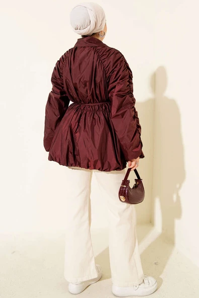 Kol Büzgülü Fermuarlı Trençkot Bordo - Resim 3