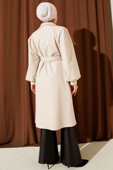 Kruvaze Yaka Balon Kol Kuşaklı Kaşe Kaban Taş - Resim 3