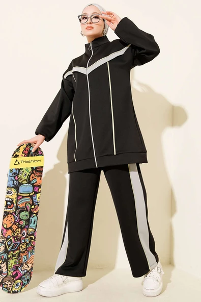 Biyeli Şeritli Scuba İkili Takım Siyah ürün görseli 1