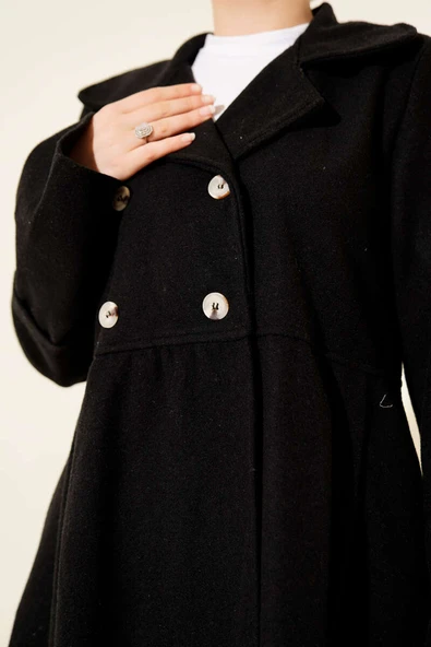 Kruvaze Yaka Asimetrik Kaşe Kaban Siyah - Resim 4