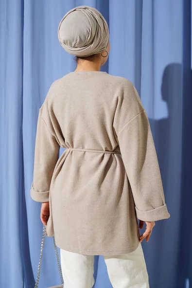 İp Bağlamalı Fitilli Kaşe Tunik Bej - Resim 3