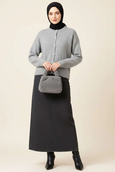 Taş Düğmeli Yumoş Triko Kısa Hırka Gri - Resim 2