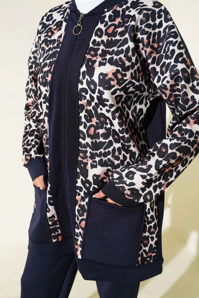 Çift Cepli Leopar Garnili İkili Takım Lacivert - Resim 4