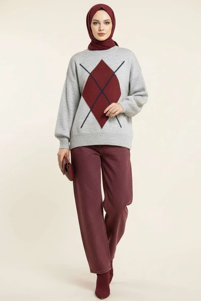 Baklava Desen Triko Kazak Gri Bordo - Resim 2