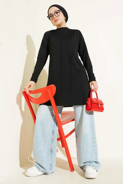 Çizgi Kabartmalı Merserize Triko Tunik Siyah - Resim 2