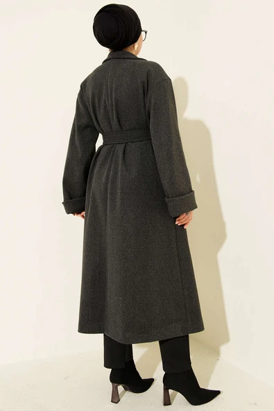 Gold Düğmeli Kruvaze Kaşe Kaban Antrasit - Resim 3