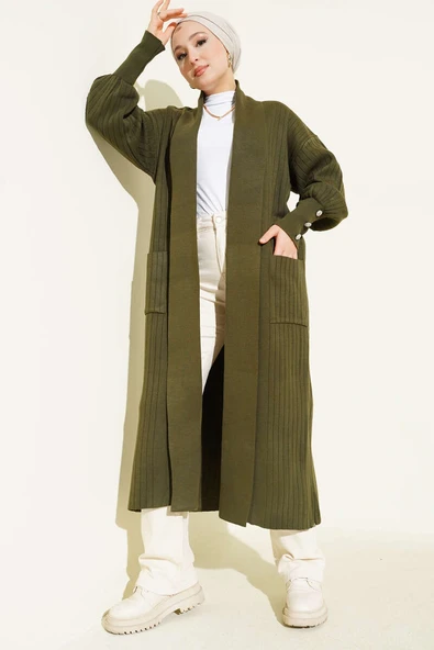 Kol Ucu Düğmeli Şal Yaka Triko Hırka Haki ürün görseli 1