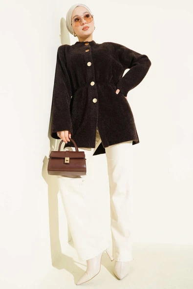 Gold Düğmeli Sakallı Triko Hırka Kahve - Resim 2