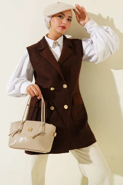 Kruvaze Yaka Düğmeli Detaylı Yelek Kahve ürün görseli