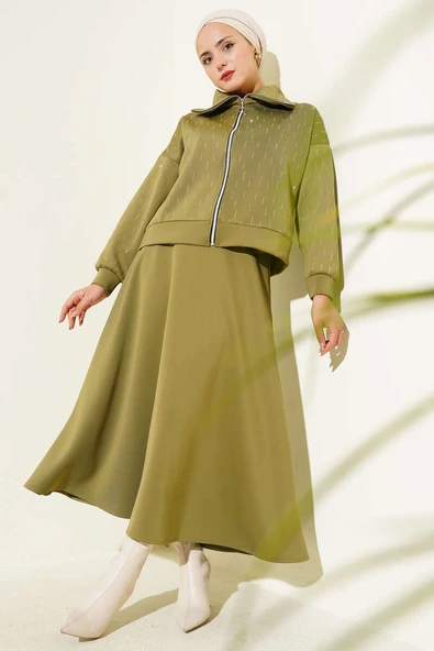 Sıra Taşlı Etekli Scuba İkili Takım Çağla Yeşili ürün görseli 1