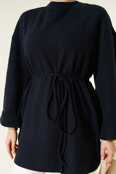 İp Bağlamalı Fitilli Kaşe Tunik Lacivert - Resim 4