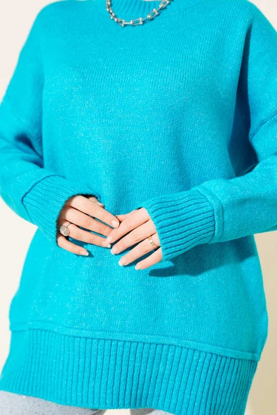 Alt Dikişli Yumoş Triko Tunik Mavi - Resim 4