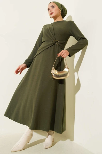 Gold Tokalı Fitilli Elbise Haki ürün görseli 1