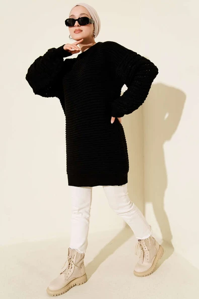 Balon Kol Kabartmalı Triko Tunik Siyah - Resim 2