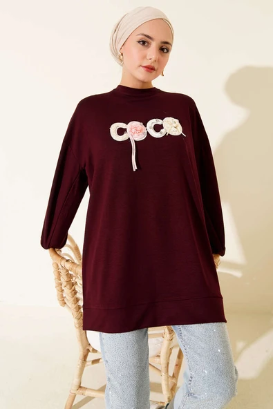 Loyşa Coco Yazı Süslemeli Tunik Mürdüm ürün görseli 1
