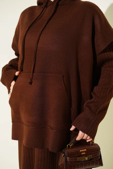 Yelekli Jile Elbise Triko İkili Takım Kahve - Resim 4