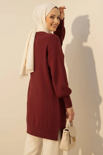 Damla Kabartmalı Yumoş Triko Tunik Bordo - Resim 3