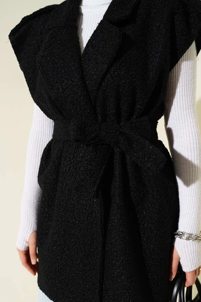 Kruvaze Yaka Kuşaklı Buklet Yelek Siyah - Resim 4