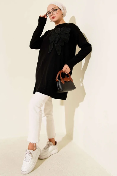 Büyük Çiçek Desenli  Triko Tunik Siyah - Resim 2