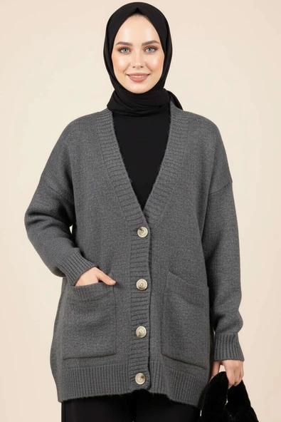 Çift Cepli Düğmeli Triko Hırka Füme ürün görseli