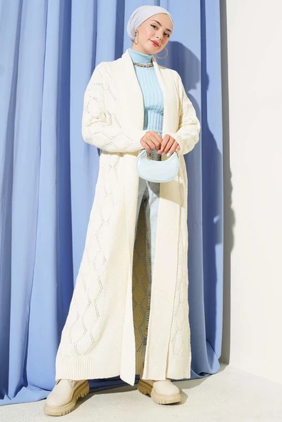 Şal Yaka Örgü Desenli Uzun Triko Hırka Taş ürün görseli 1