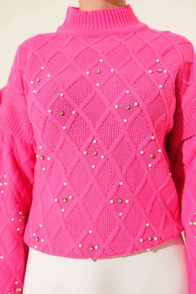 Dik Yaka Taşlı Triko Kazak Pembe - Resim 4