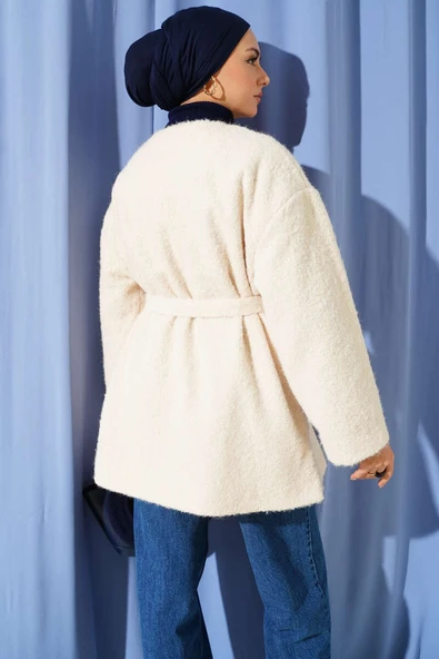 Fermuarlı Kuşaklı Keçe Ceket Ekru - Resim 3