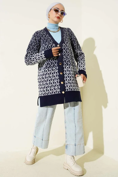 Baklava Desen Sakallı Düğmeli Triko Hırka Lacivert - Resim 2