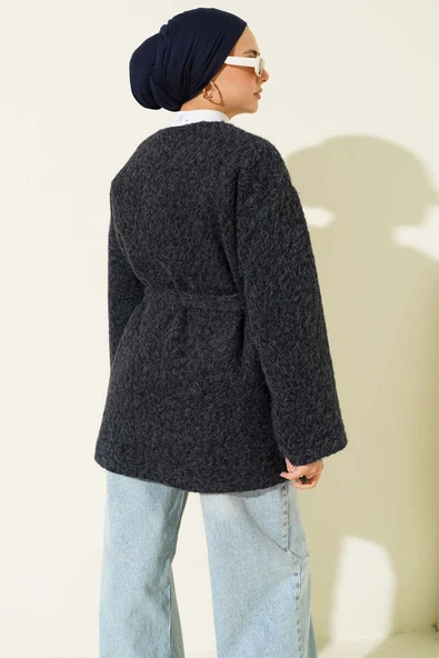 Fermuarlı Kuşaklı Keçe Ceket Lacivert - Resim 3