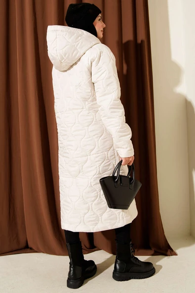 Kapitone Fermuarlı Kapüşonlu Mont Taş - Resim 3