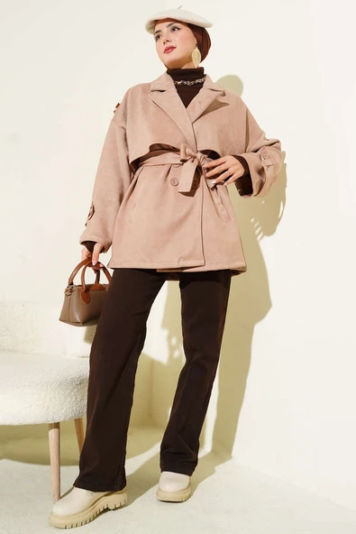 Süet Pelerinli Kuşaklı Trençkot Bej - Resim 2