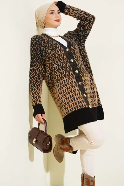 Baklava Desen Sakallı Düğmeli Triko Hırka Siyah Camel ürün görseli 1