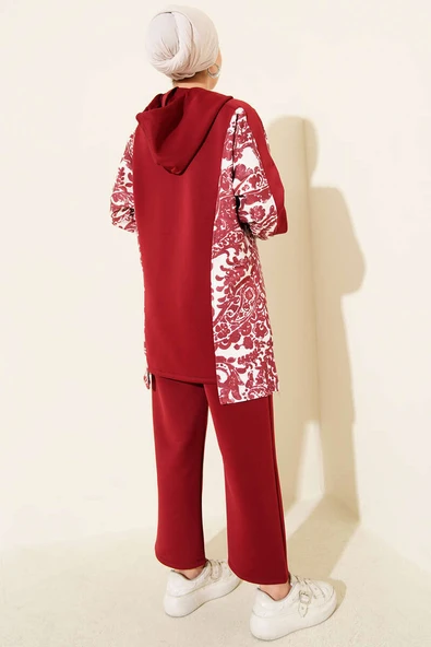 Kapüşonlu Desenli Scuba İkili Takım Bordo - Resim 3