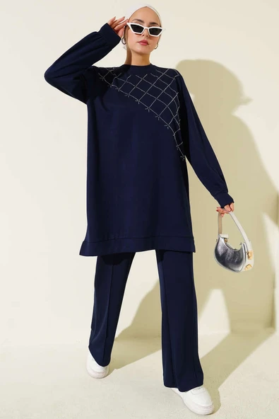 Çapraz Taş Süslemeli İkili Takım Lacivert ürün görseli 1