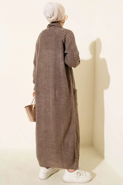 Şal Yaka Örgü Kabartmalı Triko Hırka Vizon - Resim 3