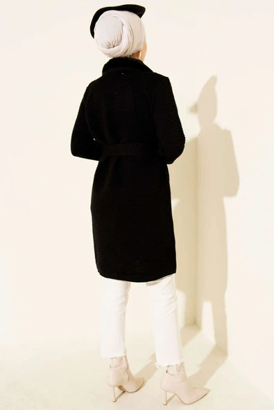 Kürk Detaylı Kemerli Triko Hırka Siyah - Resim 3