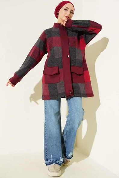 Kare Desen Garnili Kap Bordo - Resim 2