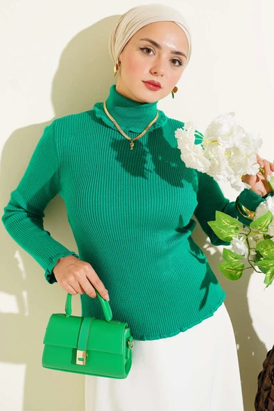 Balıkçı Yaka Fırfırlı Triko Kazak Yeşil ürün görseli 1