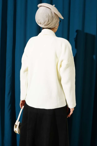 Çift Gold Düğmeli Kısa Triko Hırka Ekru - Resim 3